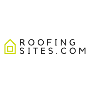 Roofing Sites logo with a house outline on an olive green background.