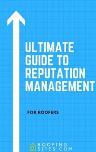 Cover of 'Ultimate Guide to Reputation Management' for roofers, with a blue grid background and upward arrow.