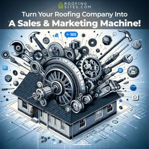 Illustration of a house with mechanical gears and tools representing roofing marketing strategies.