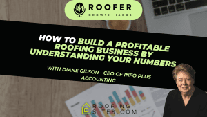 Roofer Growth Hacks logo with a laptop and roofing business presentation on a desk.