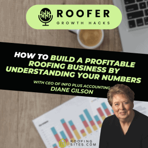 Diane Gilson speaking at a roofing business seminar with charts and a laptop in the background.