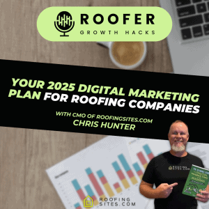Man holding a roofing marketing guide with a laptop and coffee on a desk.
