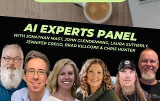A promotional graphic for the Roofer Growth Hacks AI Experts Panel featuring photos of six panelists with their names listed on a green and black background.
