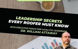 Dr. William Attaway stands in front of a presentation slide with bar graphs, promoting a webinar on leadership secrets for roofers featuring Dr. William Attaway.