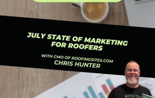 Chris Hunter holding a book stands in front of a marketing chart graphic and a sign reading Roofer Growth Hacks: July State of Marketing for Roofers with Chris Hunter.