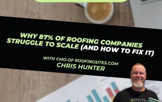 Chris Hunter holding a book stands in front of a chart, with text promoting a roofing business webinar about scaling roofing companies.