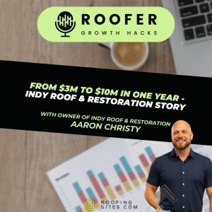 Aaron Christy from Indy Roof & Restoration with a trophy in front of a marketing presentation.