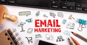 Email marketing concept with icons and the words 'Email Marketing' in red.