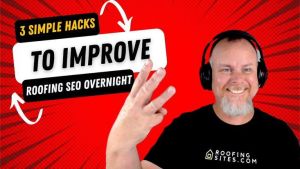 Smiling man with headphones showing three fingers, promoting roofing SEO tips.