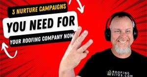 Smiling man with headphones promoting roofing company, red background with bold text.