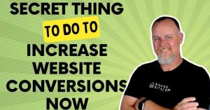 Man in black shirt with logo, smiling, against green background with text about increasing website conversions.