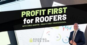 Marketing material for roofing business with a smiling man in a suit and financial charts.