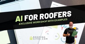 Workshop presentation slide titled 'AI for Roofers' with a man holding a book and giving a thumbs-up.
