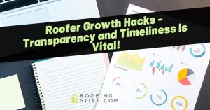 Marketing materials for roofing business with charts and a notebook on a desk.