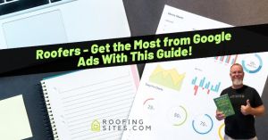 Promotional image for roofing marketing guide with charts and a man holding a booklet.