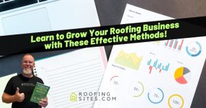 Man holding a roofing business book with charts and a laptop on a desk.