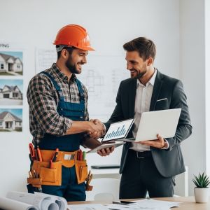 Roofing contractor in orange helmet shaking hands with a businessman in an office.