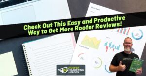 Promotional image for Roofers Marketing Heroes with charts, notebook, and a smiling man giving a thumbs-up.