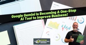 Man holding a marketing book at a desk with charts and notes about Google Gemini.