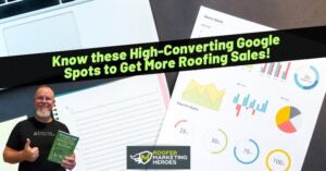 Man holding roofing marketing book with charts and graphs in the background.