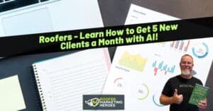 Marketing presentation for roofers with charts, notebook, and a smiling man giving a thumbs-up.