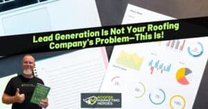 Man holding a green booklet in front of a presentation slide about roofing lead generation.