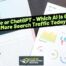 A man holding a book stands next to sheets with colorful charts and graphs. Text reads: Google or ChatGPT - Which AI Is Getting More Search Traffic Today?.