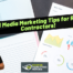 Man holding a marketing book stands near laptop and charts; text reads Social Media Marketing Tips for Roofing Contractors! with Roofer Marketing Heroes logo.