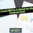 A man holds a book beside a notebook and SEO charts. Text reads: Why Local SEO Is Critical for Roofing Contractors! Roofer Marketing Heroes..